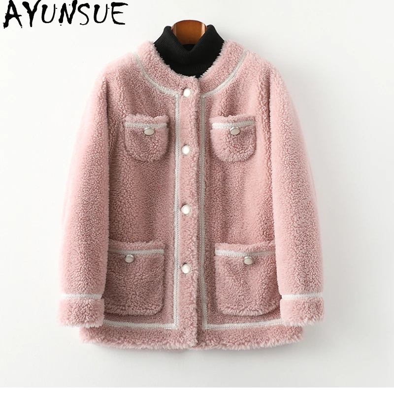 

AYUNSUE 100% Sheep Shearing Jacket Women Winter Elegant Wool Coat Single-breasted O-neck Wool Jacket Chaquetas Para Mujer