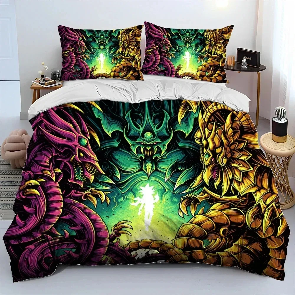 Set tempat tidur motif 3D yu-gi MONSTER CARD Anime, Set tempat tidur, selimut penutup, sarung bantal, sarung bantal ukuran king Queen, untuk anak laki-laki dan dewasa