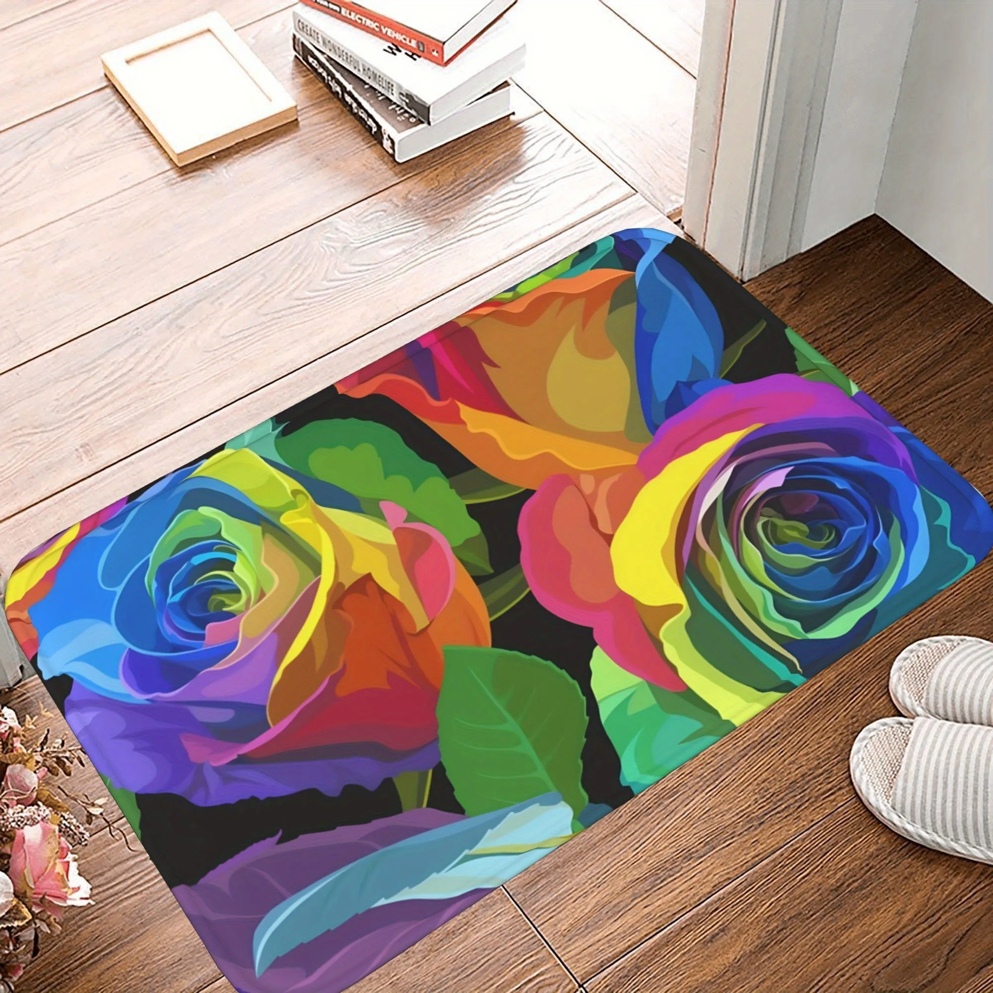 

1PC Rainbow Gradient Roses Kitchen Rug Non-Slip Door Mat Pop design Bathroom Rug Bath Mat Carpet for Home Sink Laundry Decor
