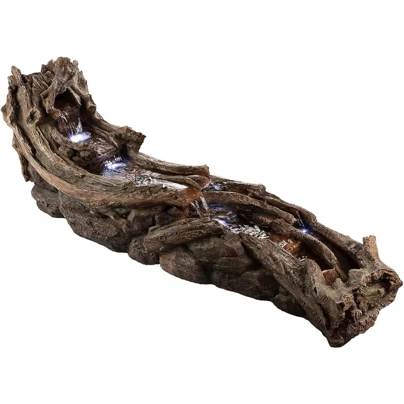 

TZL242 80" Long Indoor/Outdoor Wood River Log Water Fountain with LED Lights – Cascading Natural Water Featur