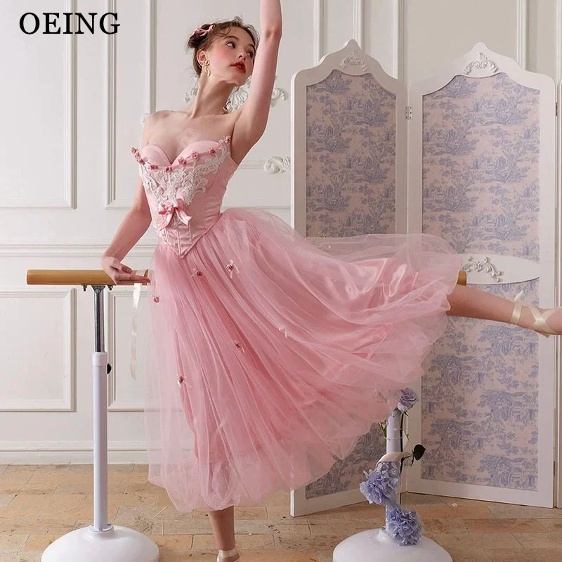 

OEING Pink A-Line Princess Prom Dresses Ballet Sweetheart Appliques Bow Party Gowns Exquisite Tea-Length Soft Tulle Customized