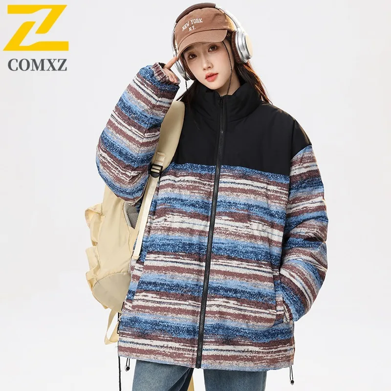 COMXZ Men Casual Color Block Reversible Jacket Stand Collar 2025  American Style New Thick Warm Cotton-Padded Winter Sports Coat