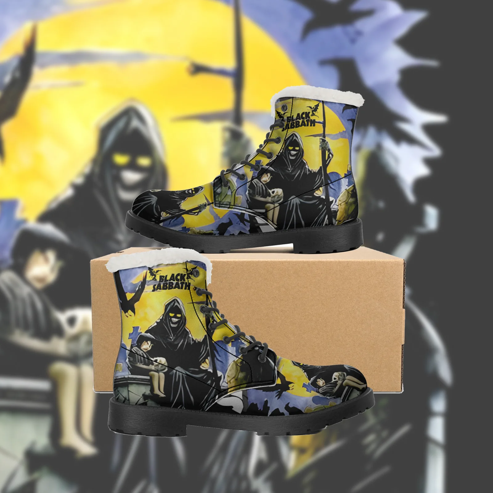 

Black heavy metal band Death Street Plush Boots Men and Women Casual Boots Lightweight and Warm Snow Boots