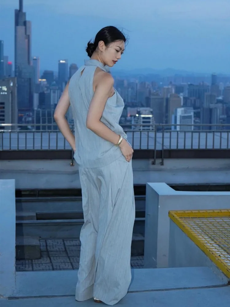 Females Summer New Style Linen Sets Fashion Streetwear Halter Neck Sleeveless Top Outfits Wide Leg Floor Pants Two-Piece Set
