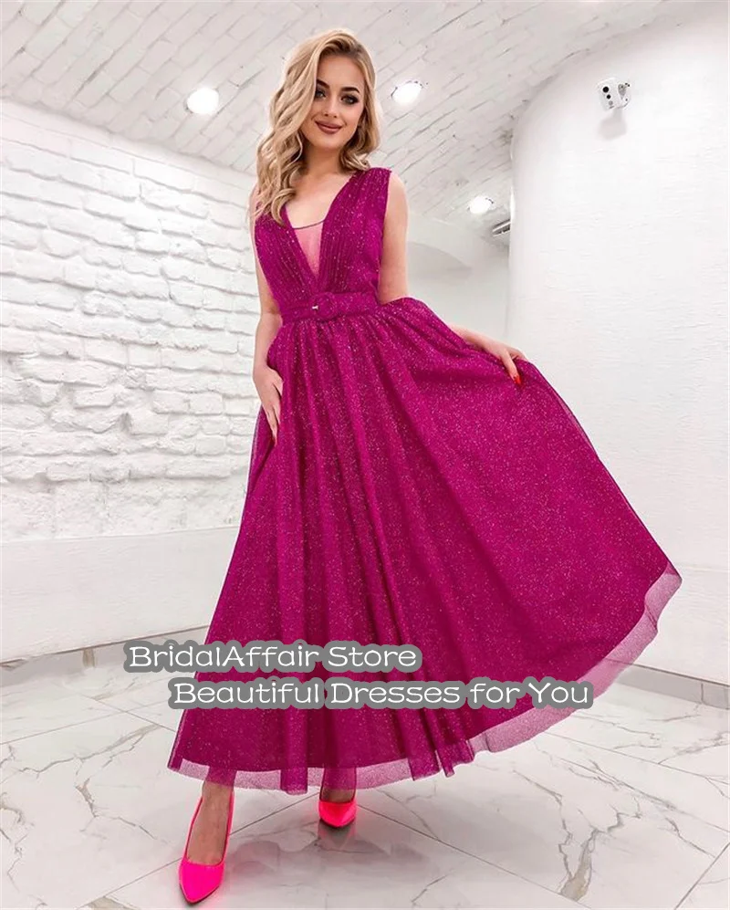 BridalAffair Glitter Fuchsia 2023 Evening Dresses Ankle Length V Neck Shimmer Prom Gowns Women Bride Party Dress Robe De Soiree