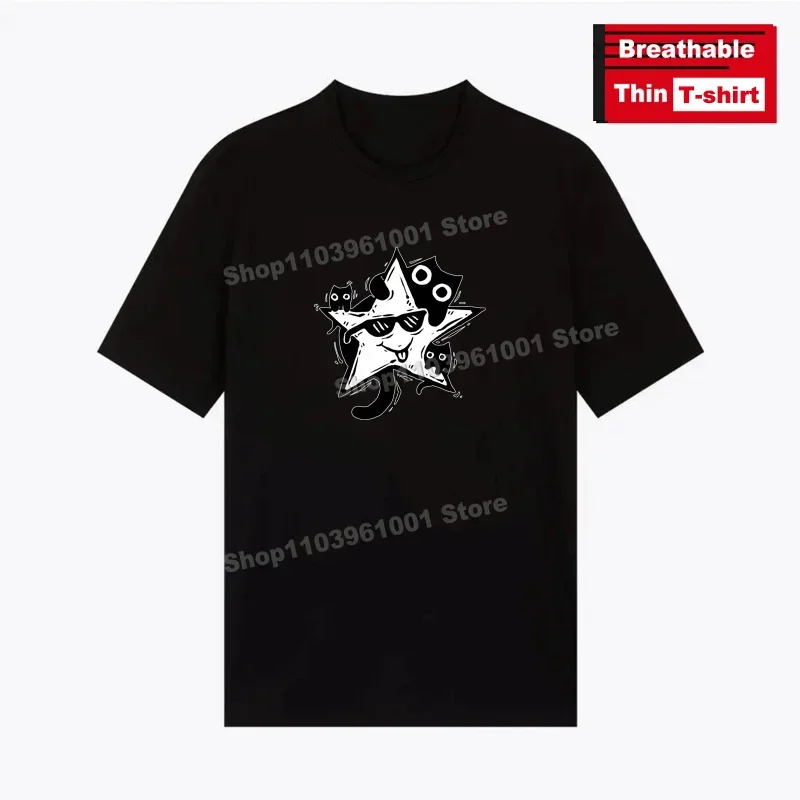 

Breathable Thin T-Shirt Cute Little Black Cat Hugging The Star Print Shirts y2k Hip Hop Casual Street Short Sleeve Tees