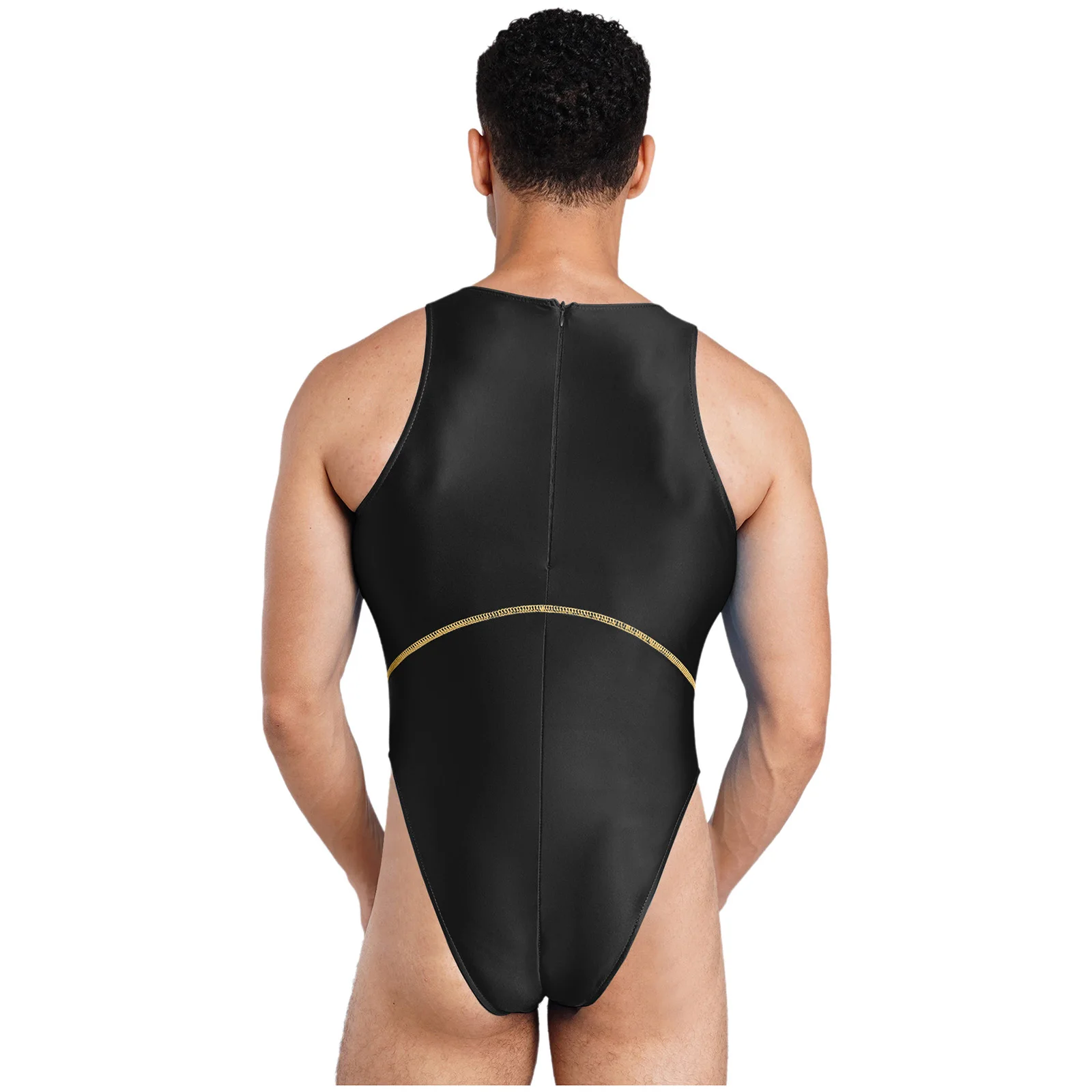 Herren-Lingerie Ölglänzender Einteiliger Badeanzug Farbblock-Nähte Ärmellos Hochgeschnittener Bodysuit Bademode – Detail 4