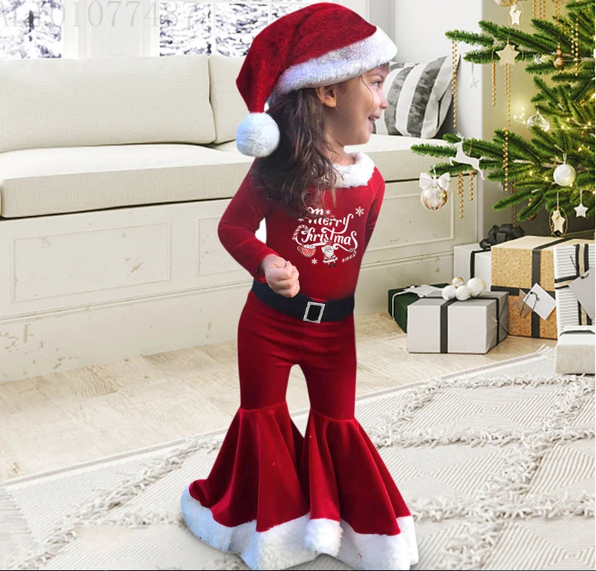 Christmas Costume For Kids Girls Santa Claus Toddler Baby Red Xmas Clothes Set Party Merry Christmas Text Embroidery Red Outfits