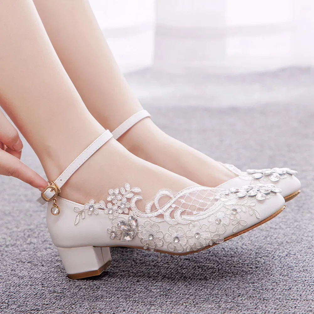 Women Pumps New High Heels Round Toe Wedding Lace Rhinestone PU 3.5CM Square Heel Buckle Strap Bride Pumps Outdoor Shoes