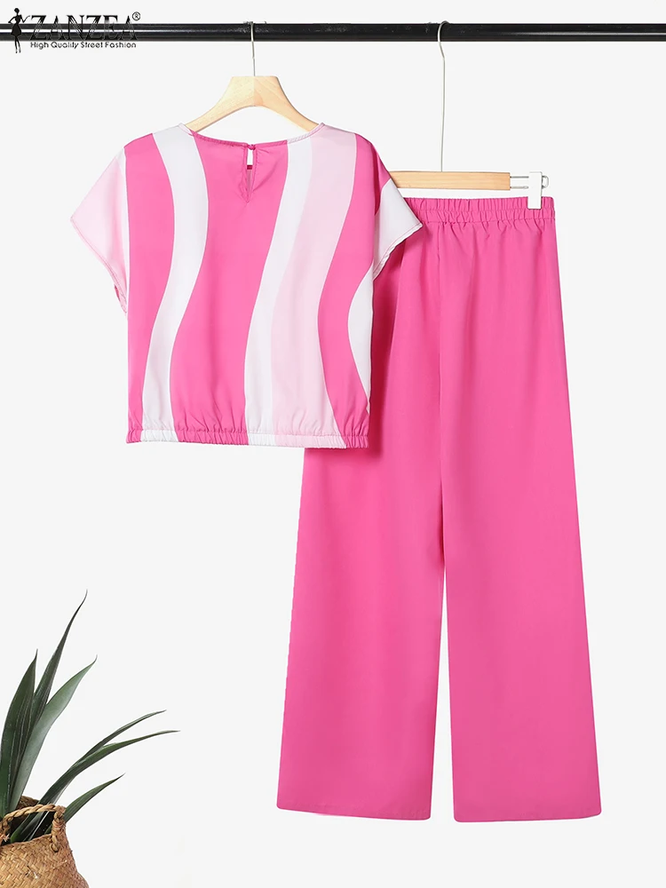 Zanzea verão 2 pçs roupas femininas conjuntos de calças moda 2 peças conjuntos de treino manga curta blusa impressa calças de perna larga terno