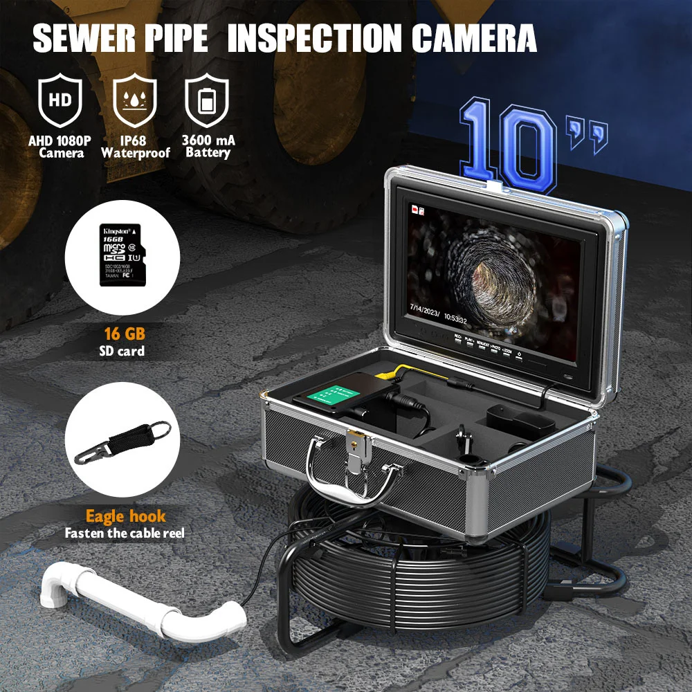 Sewer Camera 512Hz Transmitter,5MM Diameter Cable, Microphone/DVR 16G Card,Sewer Pipe Inspection Borescopes, 10.1'' HD 1080P IPS Screen Plumbing Camera IP68 Waterproof