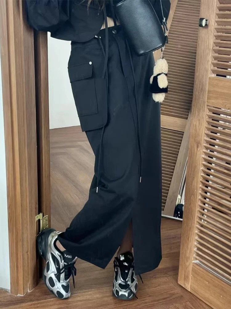 تنورة أنيقة عالية الخصر للعمل مع جيوب كبيرة ورباط جانبي للنساء، نمط كوري للارتداء اليومي