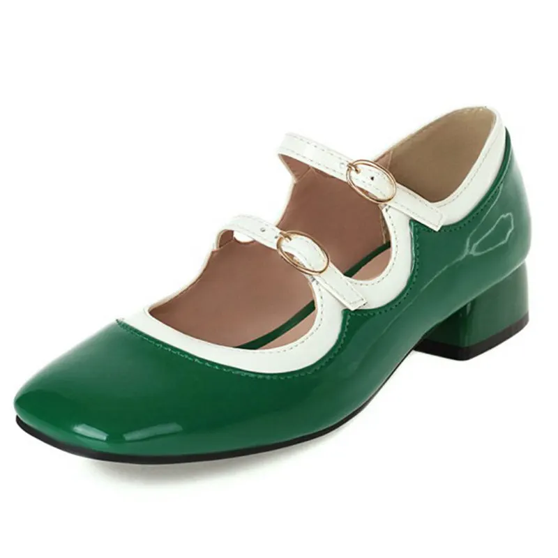 

SIMLOVEYO Sweet Classic Women's Flat Vintage Big Sizes 41-43 Multiple Black Green Beige Shoes 3cm Heel Patent Leather Buckles