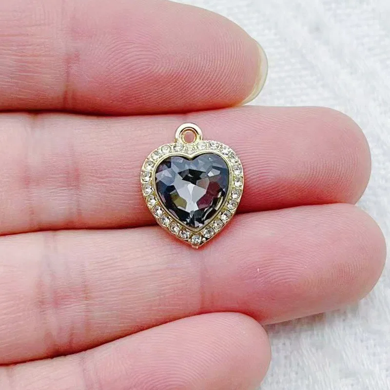10pcs heart-shaped inlaid colorful gemstone pendant, fresh style DIY jewelry, bracelet, necklace, earring making accessories view 2