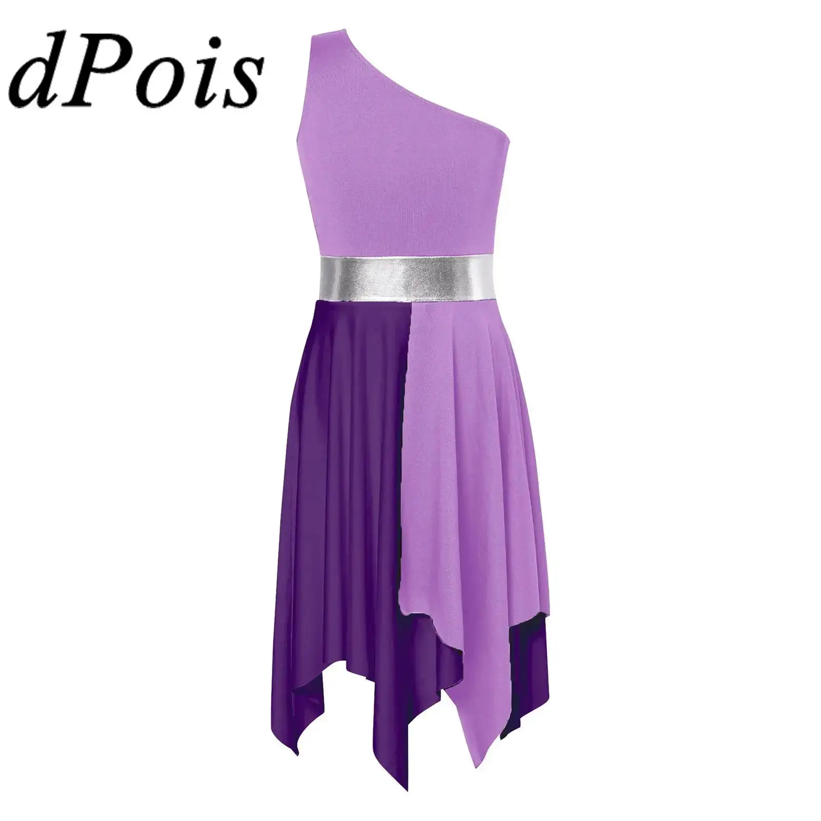 女の子の礼拝ドレス モダンコンテンポラリーダンス衣装 ワンショルダー賛美ダンスドレス キッズ典礼用叙情的ダンスウェア