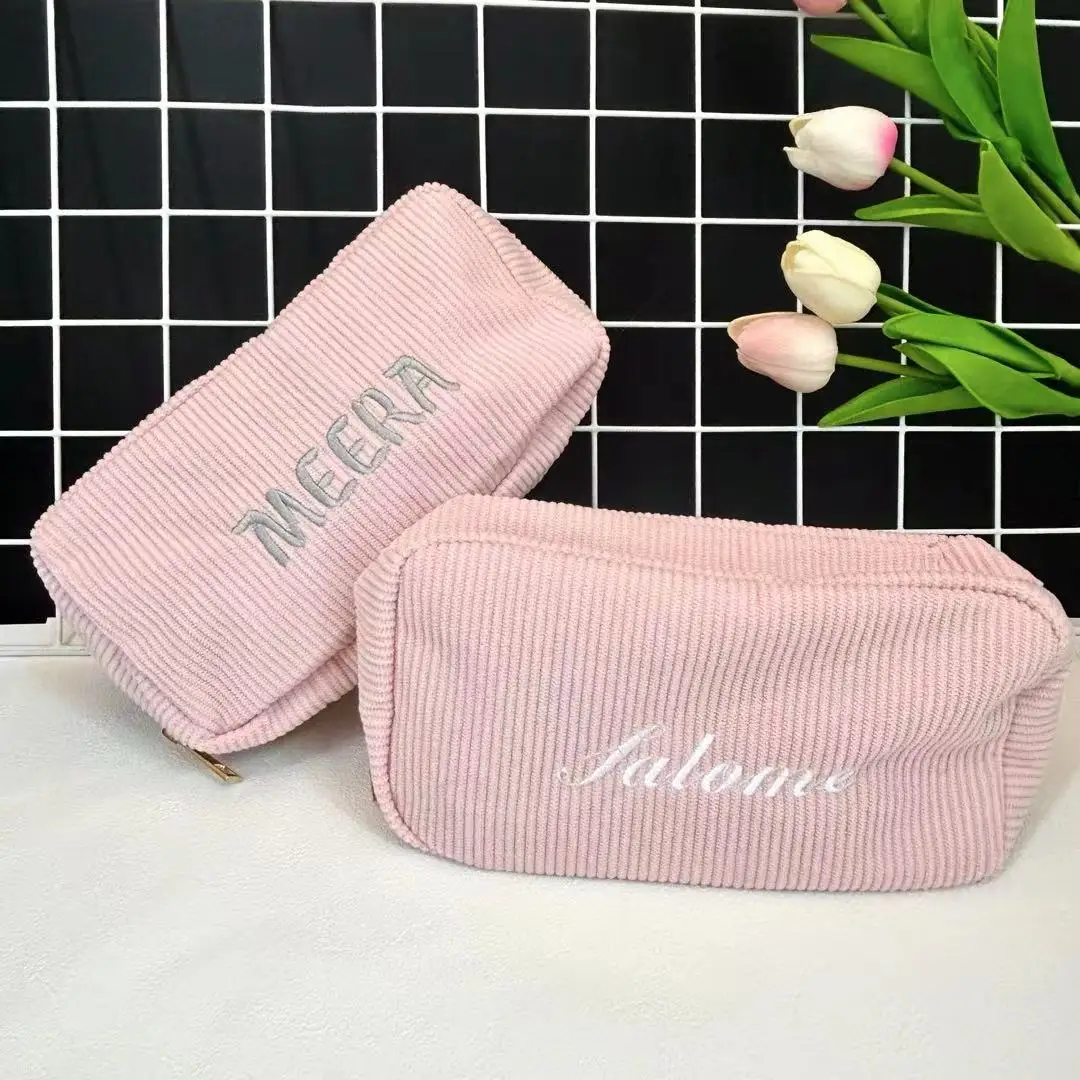 

Custom Cosmetic Bag Corduroy Travel Personalized Portable Name Makeup Storage Bag Women Zipper Make Up Organizer Storage Clutch