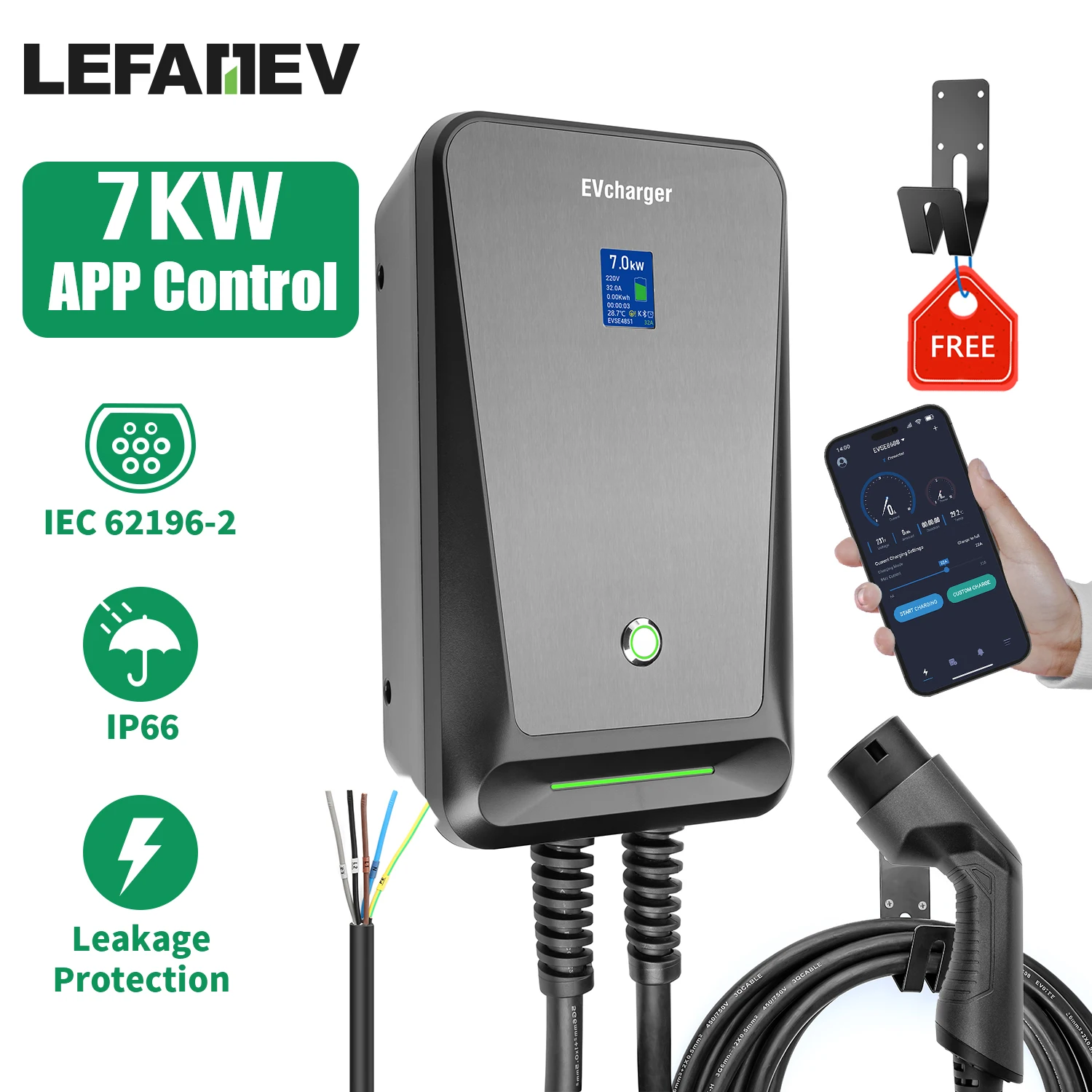 Lefanev-電気自動車充電ステーション,evseウォールボックス,タイプ2 ev充電ステーション,wifi制御アプリケーション,32a,7kw,iec 62196-2ケーブル付き