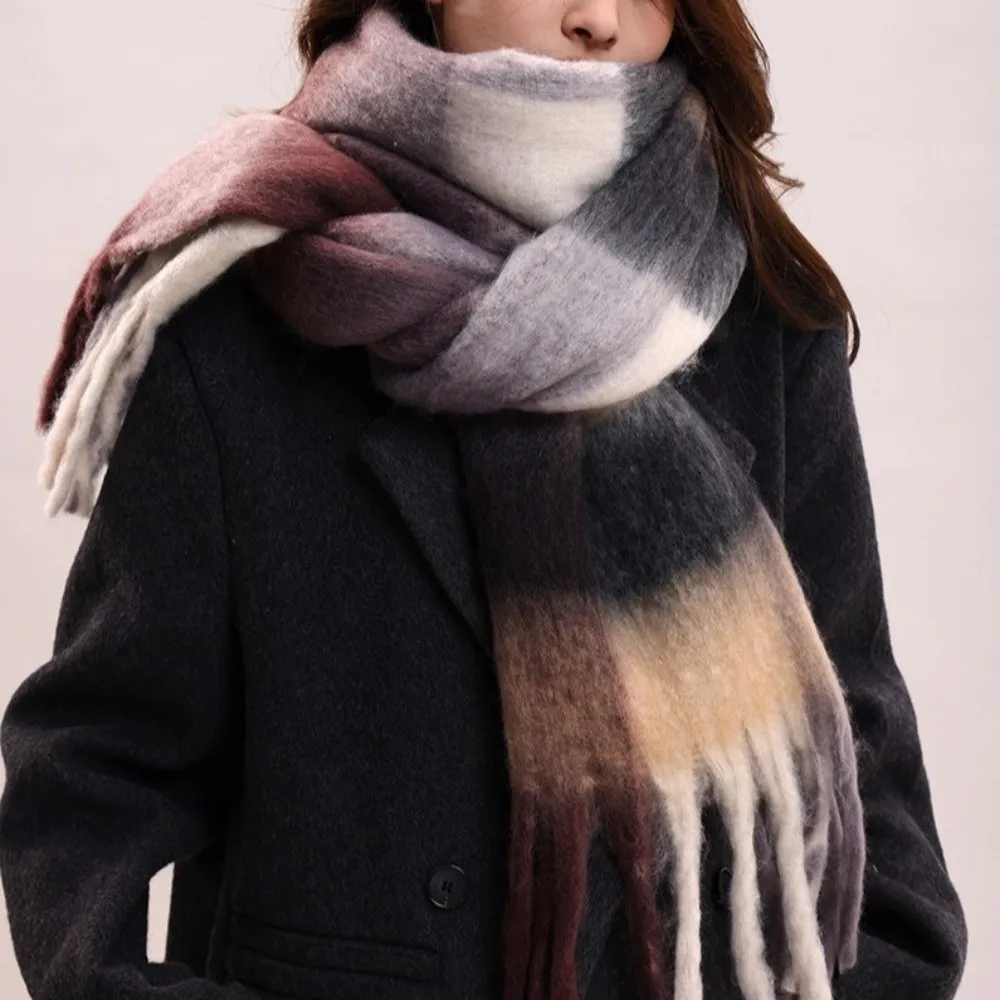 ネックラップ モヘア チェック柄 ウール スカーフ プラッシュ タッセル 冬 カシミヤ スカーフ 韓国風 暖かい ロング ショール ガール