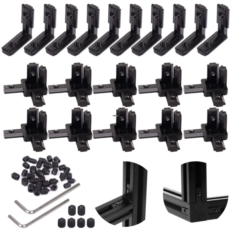 20Pc 2020 3-Way End Corner Bracket T Slot L-Shape Interior Corner Joint Bracket for Aluminum Extrusion Profile Connector Set 6mm