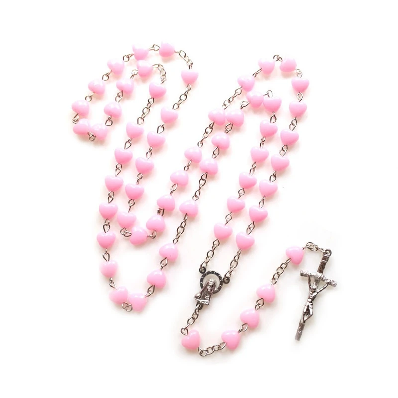 QIGO Plastic Beads Strand Crucifix Pendant Long Pink White Heart Rosary Necklace For Women Religous Jewelry