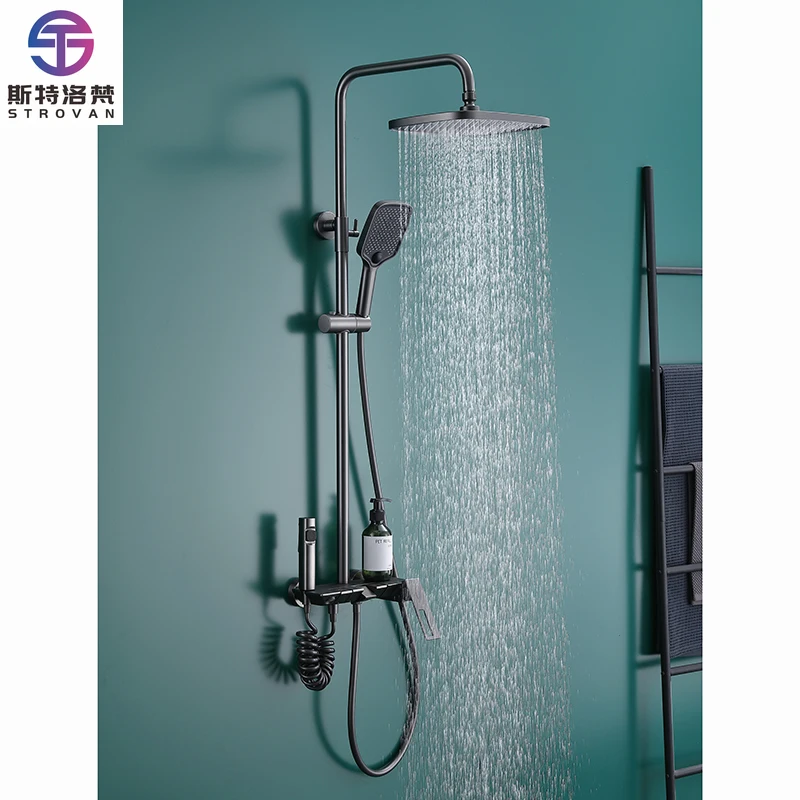 

Modern Bath Faucet Grey 4 Function Shower Tap Set Wall Mounted Hot Cold Rain Shower Mixer With Bidet Spay Under Spout