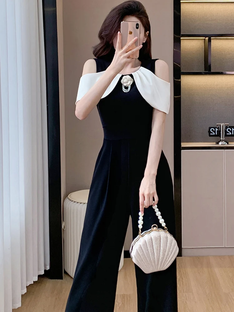 Korean Fashion Sexy Off Shoulder Slim Jumpsuit For Women Office OL Elegant Hit Color Patchwork High Waist Wide Leg Rompers 2024