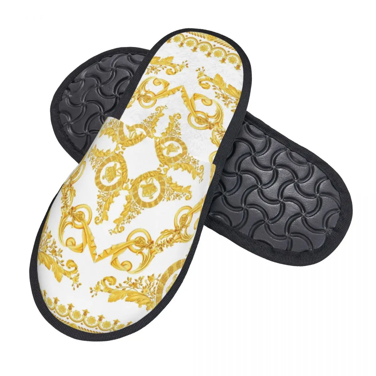 Custom Vintage Baroque Prints Greek Ornament Golden Meander Meandros Soft Scuff Memory Foam Slippers Women Hotel House Shoes