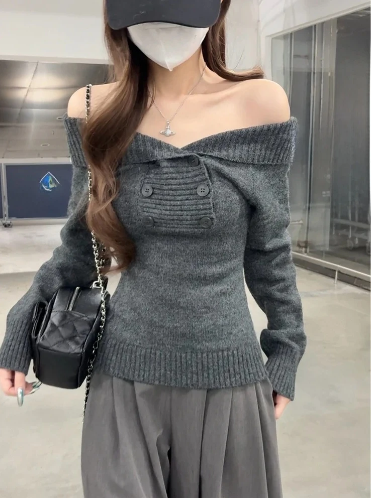 

2025 autumn and winter women's slim-fitting knitted long-sleeved single-layer sweater, featuring off-shoulder design