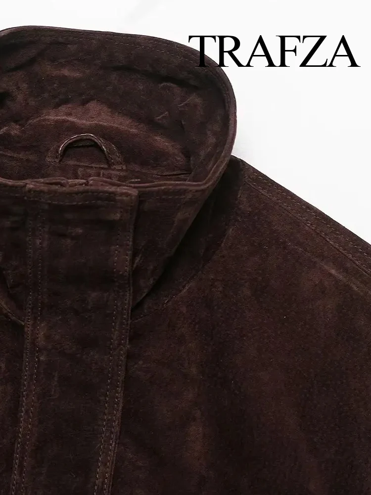 

TRAFZA Autumn Woman Fashion High Collar Zipper Pocket Design Long Sleeves Solid Jackets Women Casual Loose Street Style Coats