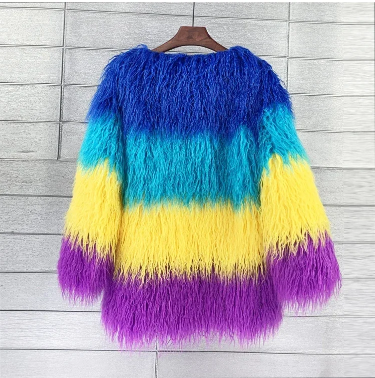 High Quality Autumn Winter Coat Women Luxury Women Rainbow Fluffy Faux Fur Coat Mid Long Oversize Ladies Coats and Jackets