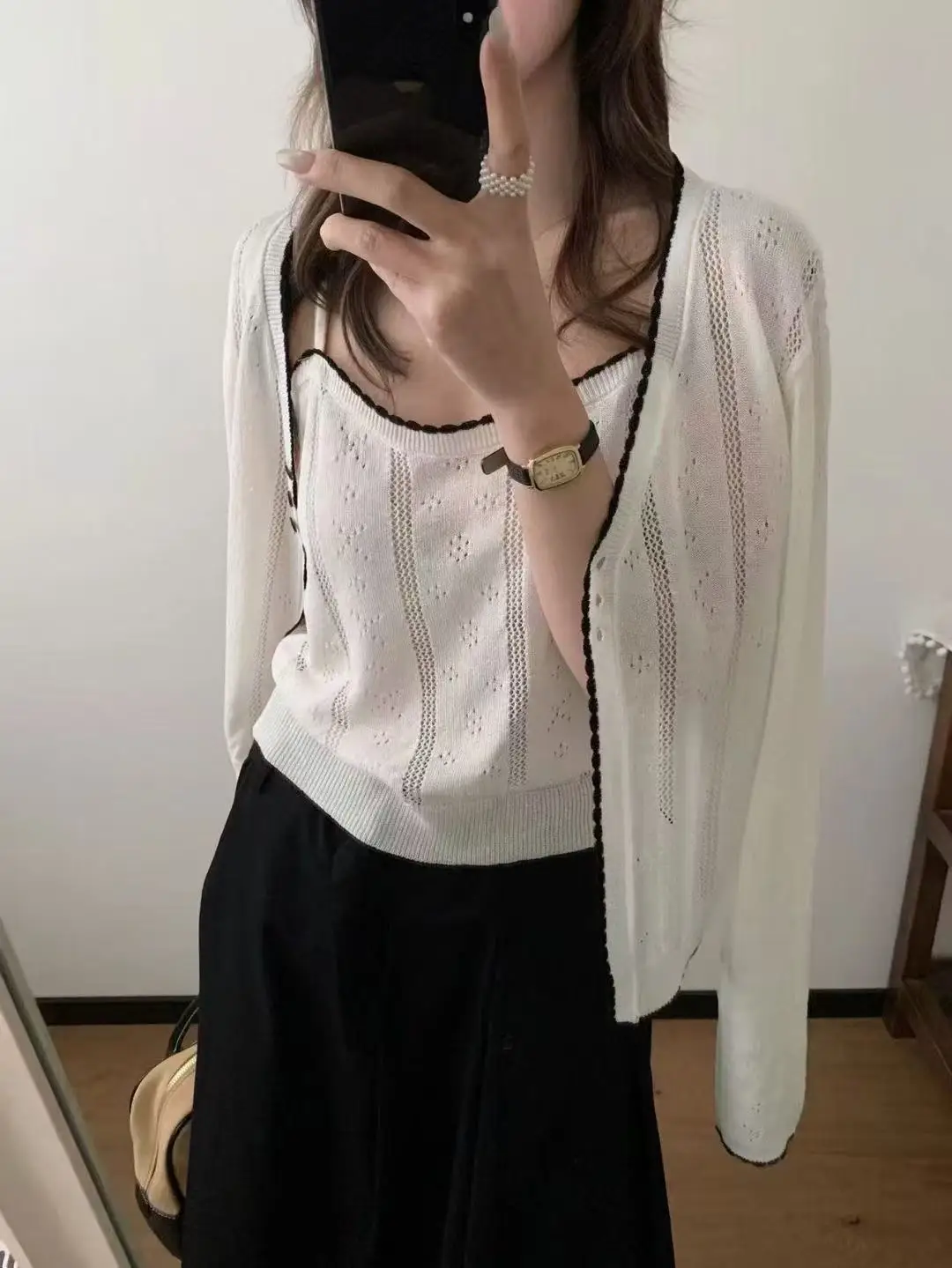 

Женский ажурный вязаный кардиган, тонкий комплект из двух предметов для весны и лета, с длинными рукавами, защита от УФ-излучения, повседневная одежда