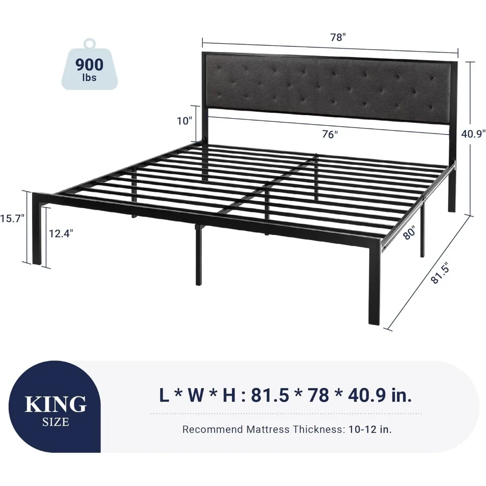 إطار سرير من Allewie King مع لوح رأسي منجد، تصميم معنقدة أنيق مخيط بالألماس، لا حاجة إلى صندوق زنبركي، رمادي داكن