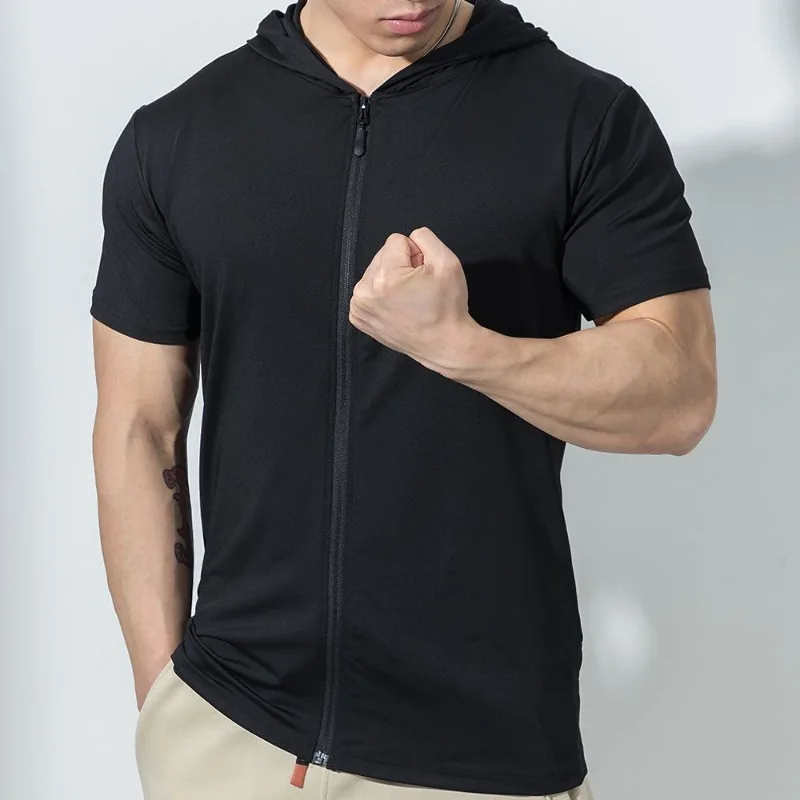 Trendy Sporty Short-sleeve Men's Quick-dry Hooded Zip-up Stretchy Breathable Biking T-shirt with Cuffed Sleeves