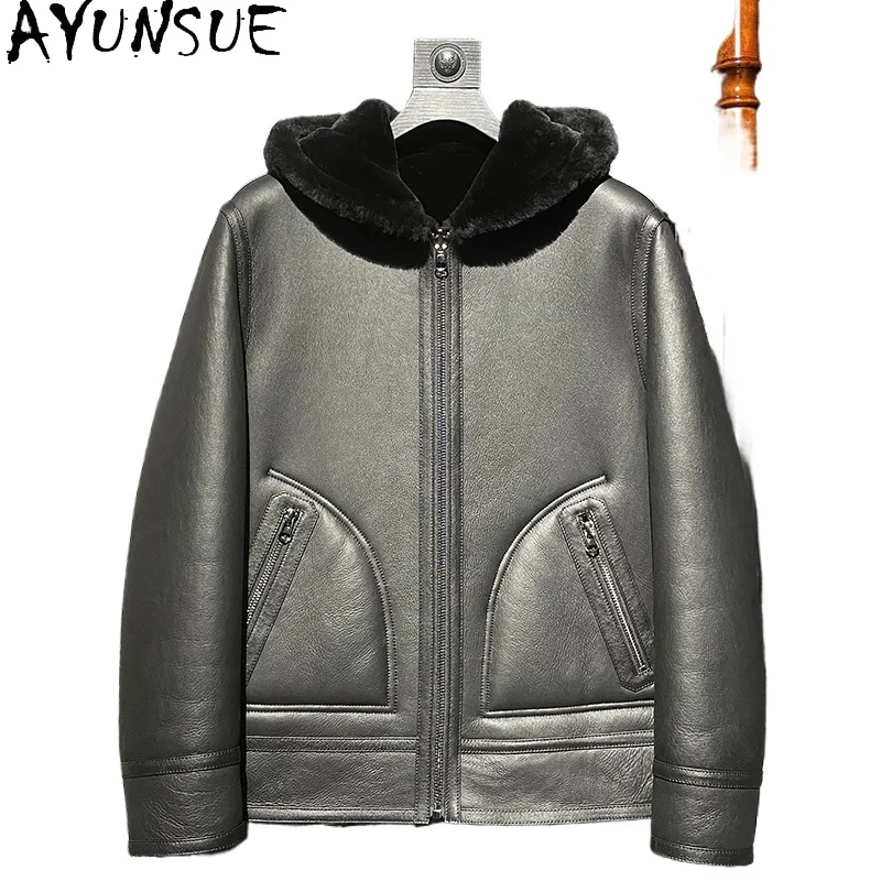 

AYUNSUE High-end Natural Wool Fur Coat Man Clothing Warm Winter Reversible Real Sheepskin Genuine Leather Jacket Men Hooded Fur