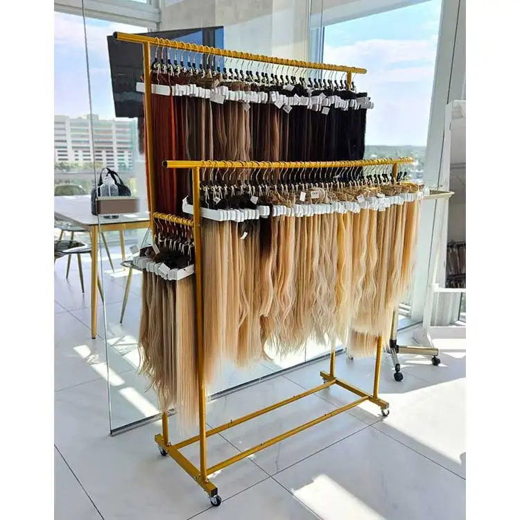 Salon Floor Metal Blonde Wig Display Stand Hanging 30 Inch Wheeled Hair Extension Display Stand
