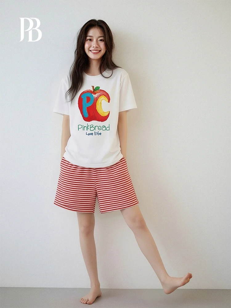 PinkBread Red  Women's round Neck Sleepwear Pure Cotton Short Sleeve Sweet Summer Outwear Home Clothes Comfortable Soft