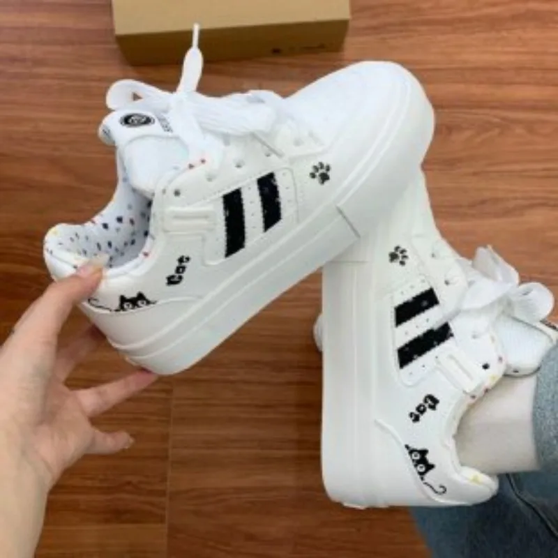 Ins Korean Women White Platform Board Shoes Cute Black Cat & Paw Print Striped Lace Up Non Slip Casual Student Walking Sneakers