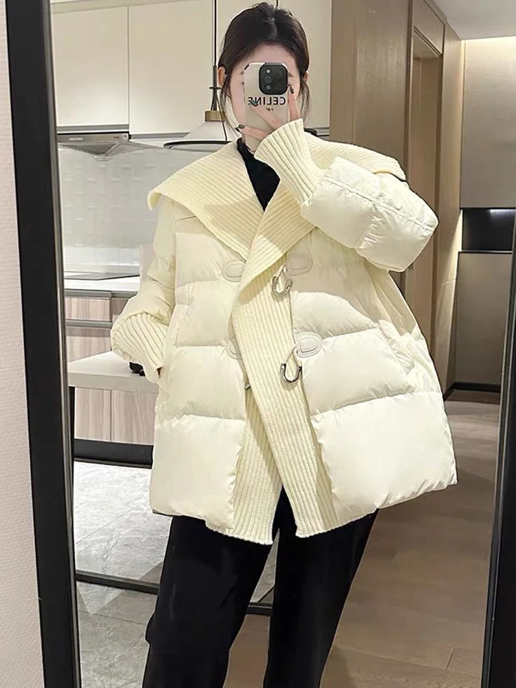 2025 Winter New Large Lapel White Duck Down Parka Loose Winter Thick Mid Long Style Cow Horn Buckle Jacket Fashionable Outwear