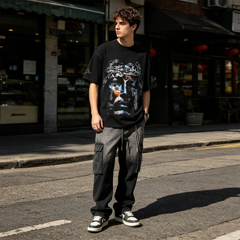 Herren Oversize T-Shirt Lustige Kleidung Strass Jesus-Weinen Grafik-Tee Streetwear Hip Hop Y2K Lässiges Kurzarm-Oberteil aus Baumwolle – Detail 3