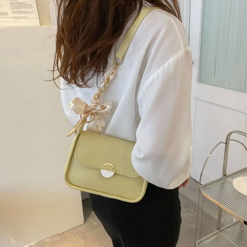 

PU Leather Shoulder Bag with Ribbon Large Capacity Small Square Bag Portable Korean Style Chain Crossbody Bag