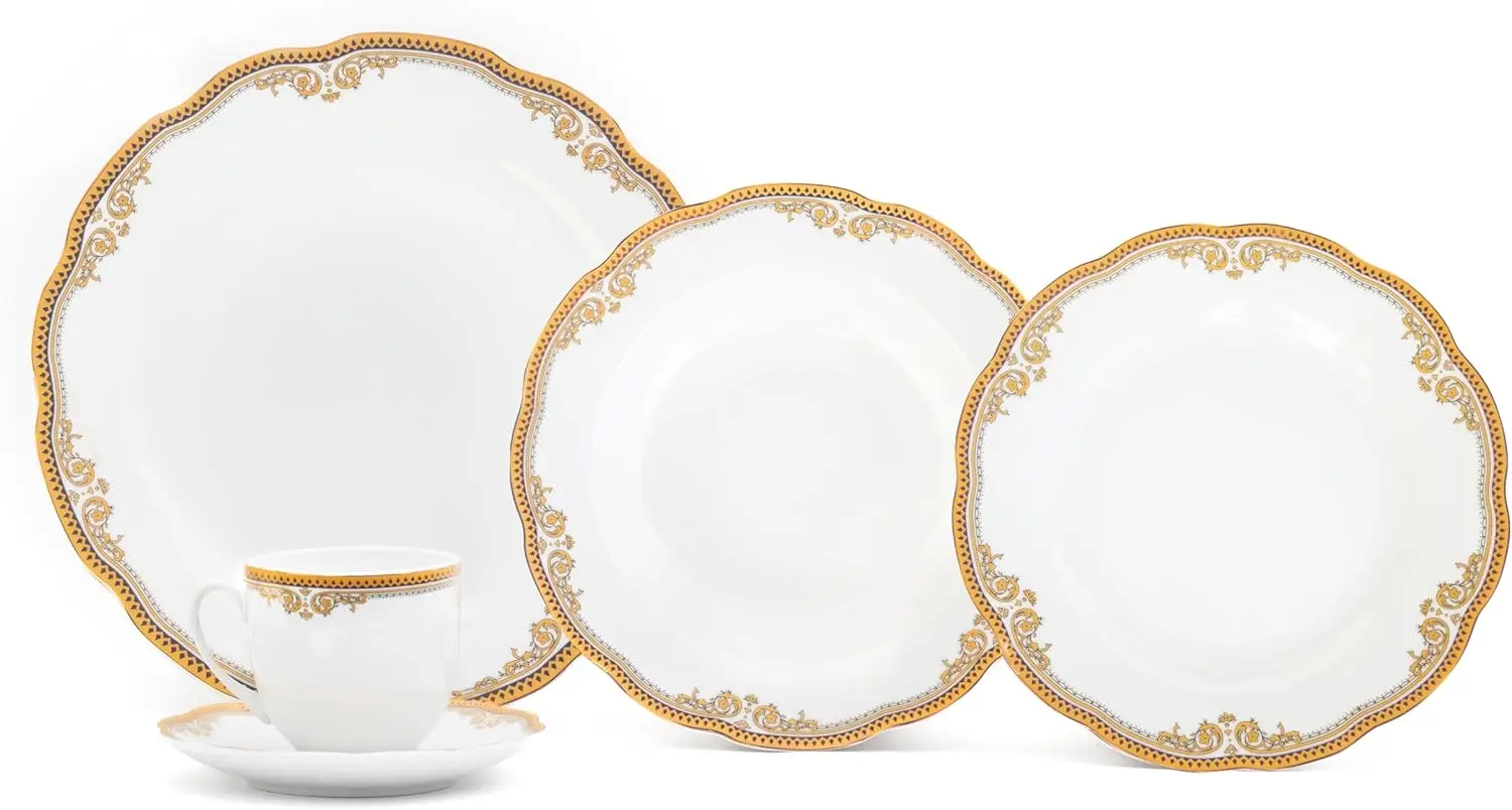 20 pc Dinnerware Set with Gold Floral Ornament, Bone China, gold, white