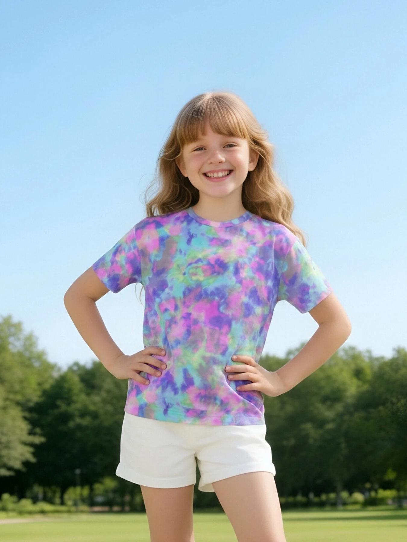 Summer tie-dye children's T-shirt, purple powder gradual change smudge loose version, girls top