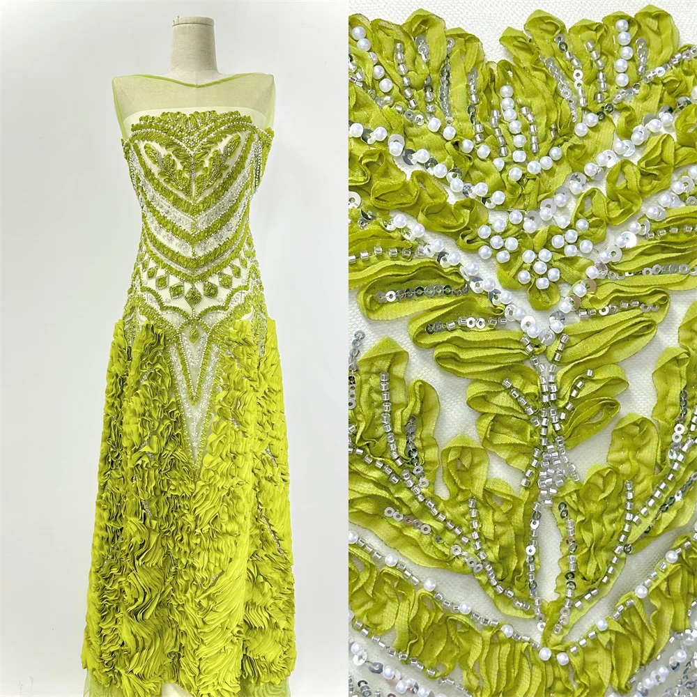 

2025 African French Nigerian High End Heavy Lace Fabric With Beads Sequins Mesh for Embroiderg Wedding Party Bride Sewing Dress