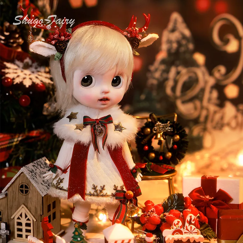 

ShugaFairy Lime 1/6 Bjd куклы с большой головой и открытым ртом, зимний рождественский стиль, снежный эльф, плюшевая накидка, головной убор с рогами, куклы