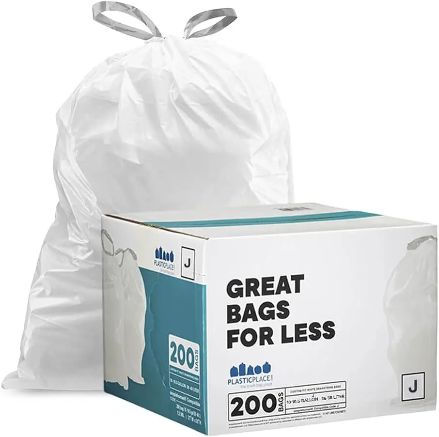 

Custom Fit Trash Bags, Compatible with simplehuman Code J , 200 Count (Pack of 1) White Drawstring Garbage Liners 10-10.5 Gallon