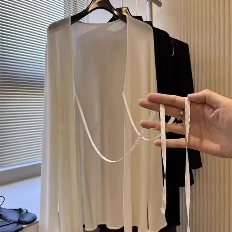 

Lightweight V-Neck Sun Protection Cardigan Women's Summer Midi Loose Belted Shawl Air Conditioning Shirt Casual Style