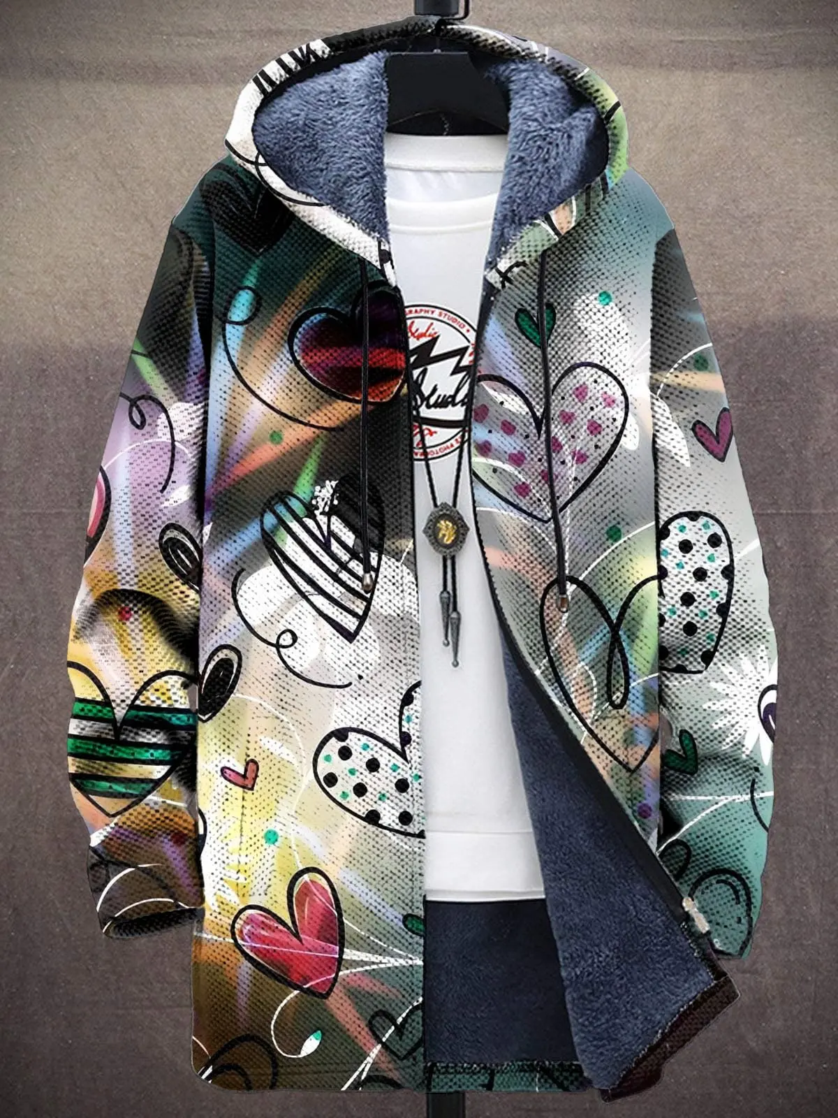 

Abstract Love Heart Art Print Plush Thick Sweater Zipper Coat Hoodies Fleece Lined Zipper Coats Valentine's Day Gift