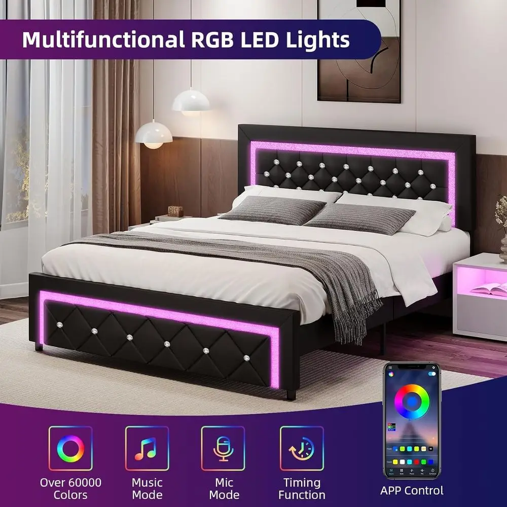 سرير بمنصة منجدة مضيئة بإضاءة LED مع لوح رأسي معنقدة بالألماس، لا يتطلب صندوق زنبركي، هادئ، سهل التجميع، أسود