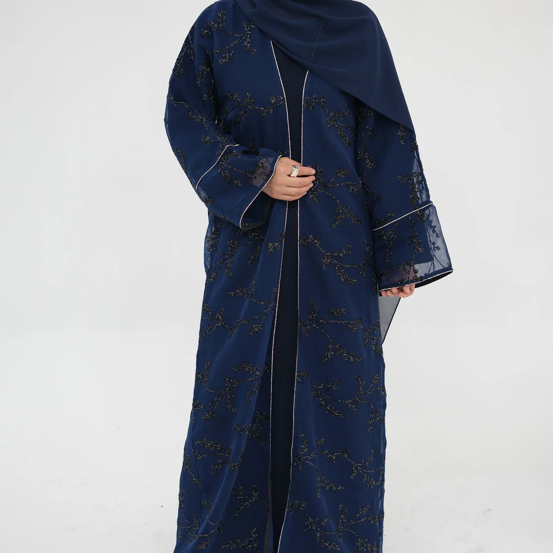 Gesticktes 2-teiliges Abaya-Set, Kimono mit Innenkleid, passender Anzug, Abayas für Frauen, Dubai, muslimische Party-Sets, islamische Kleidung