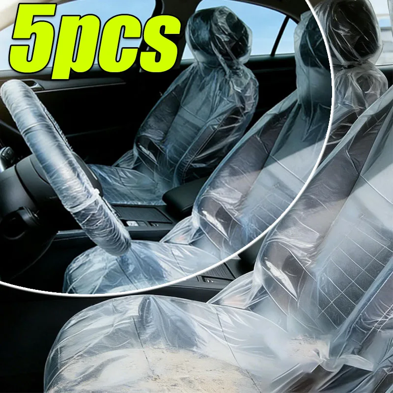 Disposable PE Car Seat Cover Set Waterproof Dustproof Protector for Front Rear Seats Steering Wheel Gear Shift Full Interior Kit